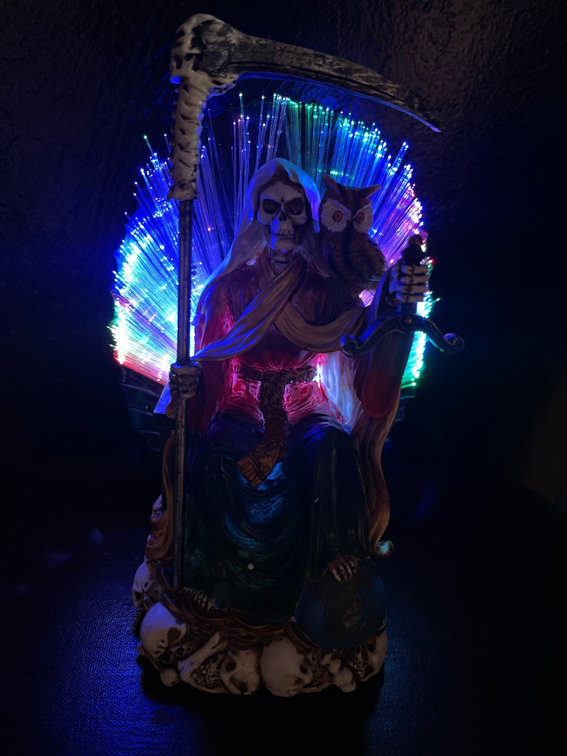 Blessed and Radiant: Exquisite 11 1/2 Inch Santa Muerte Statue with Light Up Background - A Truly Mesmerizing Piece