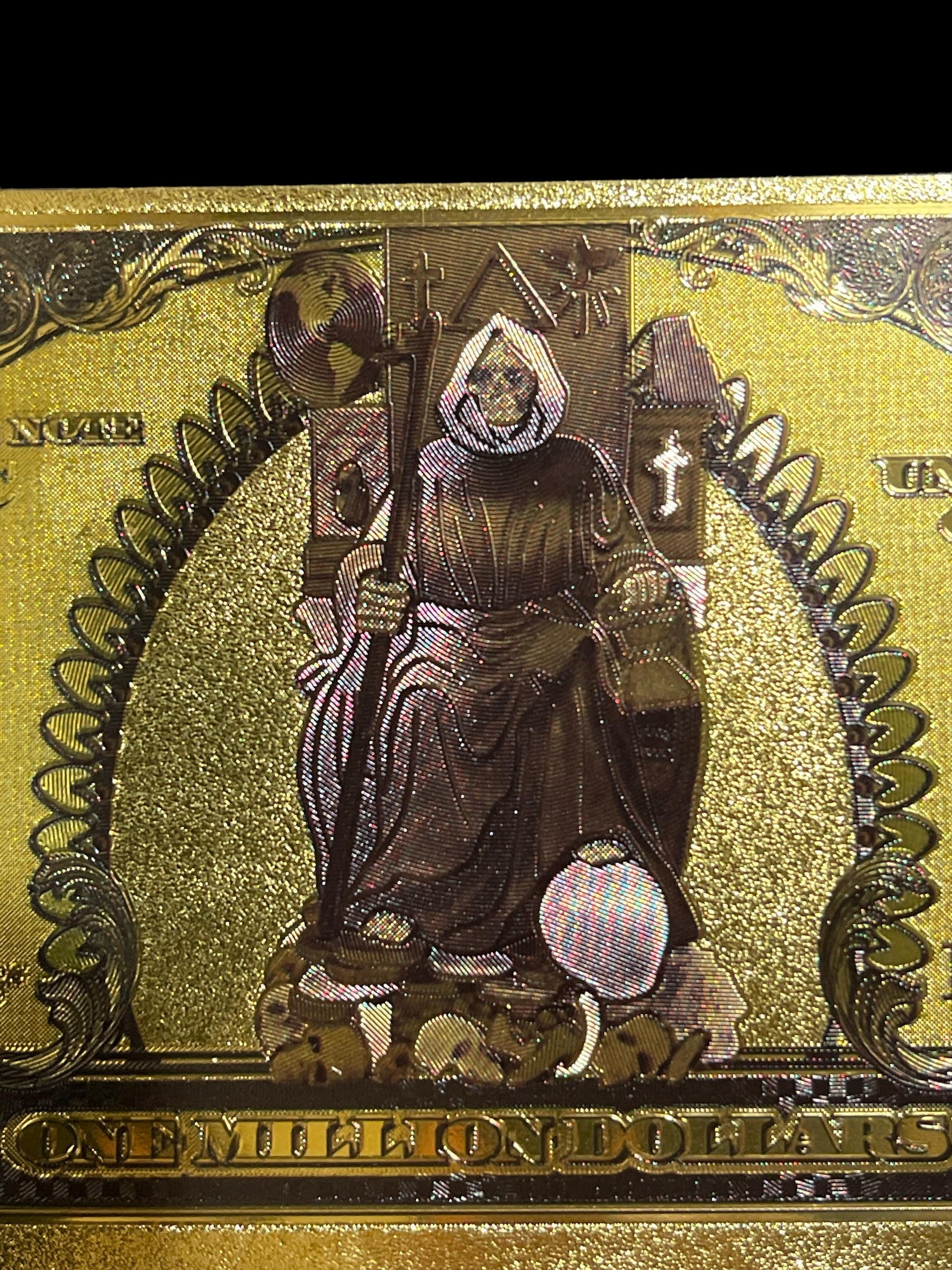 Santa Muerte Hundred Dollar Bill in Gold: Unique Money Charm for Your Wallet